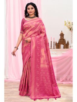 Sangam Prints - Magenta Silk Woven Zari Work Traditional Tassel Saree with Unstitched Blouse
