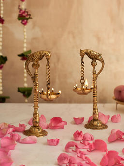 DecorTwist - Parrots With Hanging Oil & Wick Lamps Gold