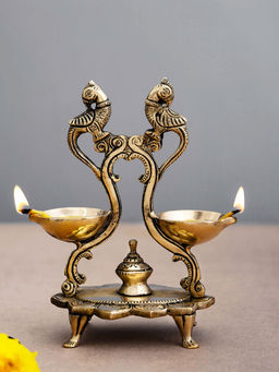 DecorTwist - Peacock Twin Design Decorative Brass Diya Gold