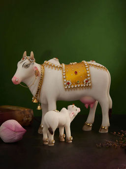 DecorTwist - Kamdhenu Cow With Calf In Marble Idol White