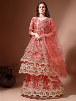 Ahalyaa - Coral Embroidered Semi Stitched Kurta Lehenga and Dupatta (Set of 3)