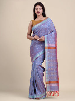 CHARUKRITI - Blue & Orange Paisley Pure Linen Saree with Unstitched Blouse
