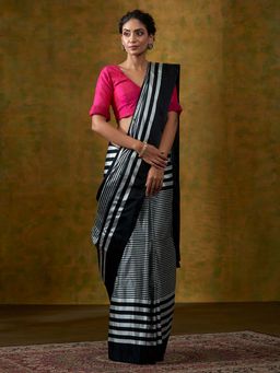 WeaverStory - Black Handloom Pure Satin Silk Saree With Horizontal Stripes With Unstitched Blouse