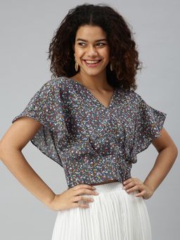 SHOWOFFFF - Women V-Neck Flare Sleeves Floral Blue Top