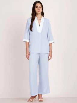 AOBA - Women Blue Solid Linen Co-ord (Set of 2)
