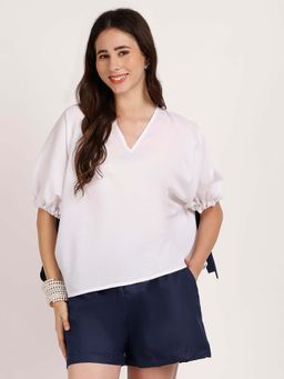 AOBA - Women White and Blue Colorblocked Co-ord (Set of 2)