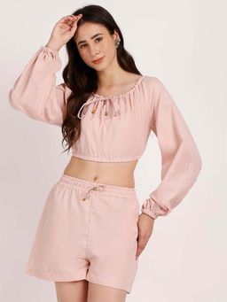 AOBA - Women Peach Puff Sleeves Crop Top Co-ord (Set of 2)