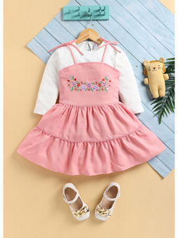 Toonyport - Girls Pink Floral Knee Length Dress with Top (Set of 2)
