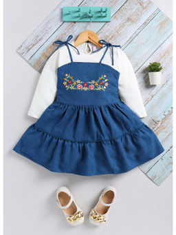 Toonyport - Girls Blue Floral Knee Length Dress with Top (Set of 2)