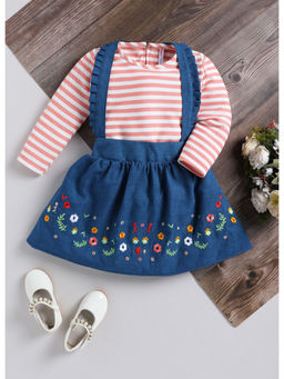 Toonyport - Girls Blue Embroidered Knee Length Dress with Top (Set of 2)