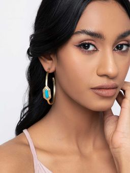 Indya - Gold Blue Hexagon Stone Hoop Earrings