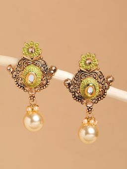 OOMPH - Jewellery Mint Green Meenakari Enamel Kundan & Pearl Ethnic Drop Earrings