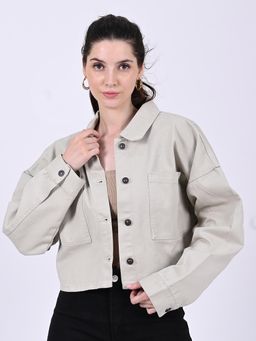 NOBARR - Women's Cotton Full Sleeve with Shirt Collar Button-Down Crop Beige Jacket