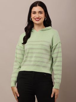 NOBARR - Women's Acrylic Full Sleeve Hooded Striped Green Sweatshirt