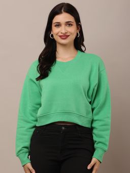 NOBARR - Women's Cotton Full Sleeve with Round Neck Crop Green Sweatshirt