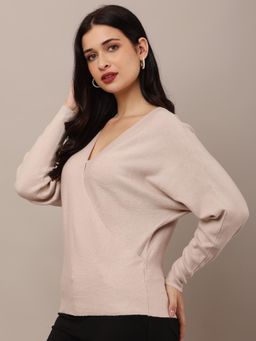 NOBARR - Women's Acrylic V-Neck with Full Sleeve Beige Sweater