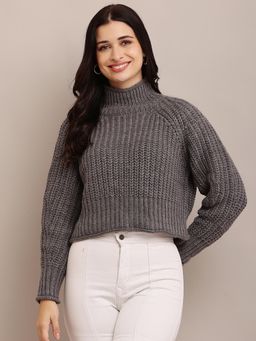 NOBARR - Women's Acrylic Full Sleeve with High Neck Cable Knit Grey Sweater