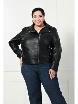 TBOJ - Plus Size Women Black Solid Asymmetric Closure Leather Biker Jacket