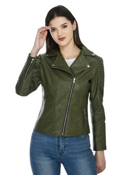 TBOJ - Green Solid Leather Biker Jacket for Women