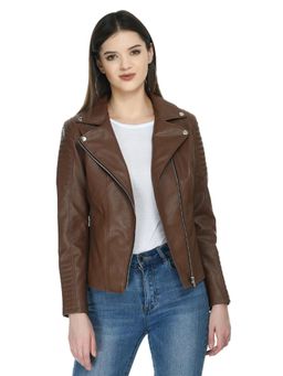 TBOJ - Tan Solid Leather Biker Jacket for Women