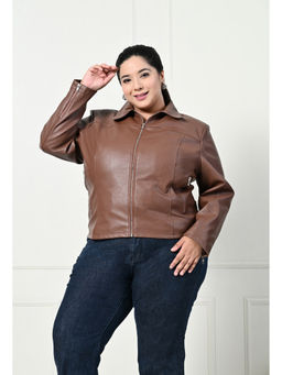 TBOJ - Plus Size Brighter Basics Shirt Collar Mock Pocket Detailed Crop Leather Jacket