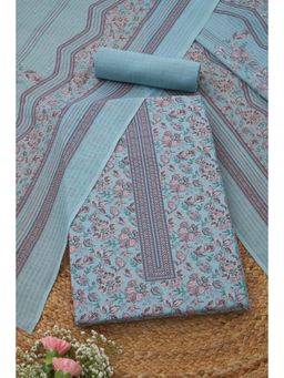 Soch - Womens Blue Cotton Floral Unstitched Kurta and Bottom with Dupatta