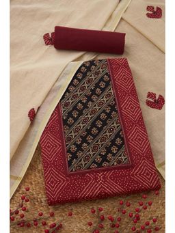 Soch - Womens Maroon Cotton Printed Unstitched Kurta and Bottom with Dupatta