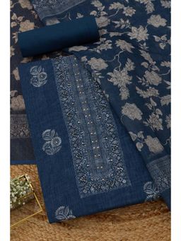 Soch - Womens Navy Blue Linen Floral Unstitched Kurta and Bottom with Dupatta