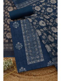 Soch - Womens Navy Blue Linen Printed Unstitched Kurta and Bottom with Dupatta