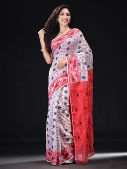 Beatitude - White Cotton Silk Woven Jacquard Jamdani Saree with Unstitched Blouse