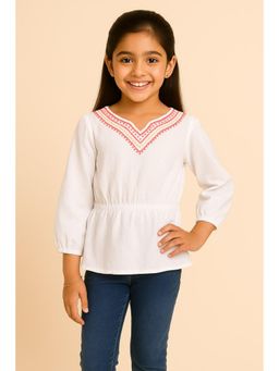 Miyo - Girls White Embroidered Peplum Cotton Top