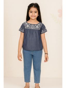 Miyo - Girls Grey Embroidered Cotton Top