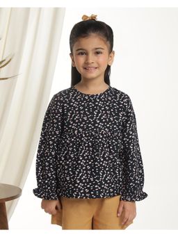 Miyo - Girls Black Floral Printed Full Sleeve Top