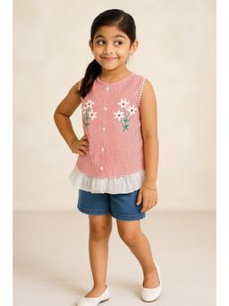 Miyo - Girls Checked Floral Embroidered Sleeveless Top