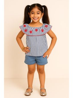 Miyo - Girls Blue Striped Embroidered Dress