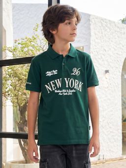 Lil Tomatoes - Boys Cotton Knit Half Sleeve Typography Green Polo T-Shirt