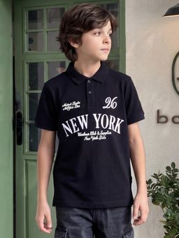 Lil Tomatoes - Boys Cotton Knit Half Sleeve Typography Black Polo T-Shirt