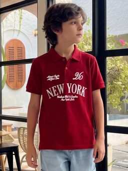 Lil Tomatoes - Boys Cotton Knit Half Sleeve Typography Red Polo T-Shirt