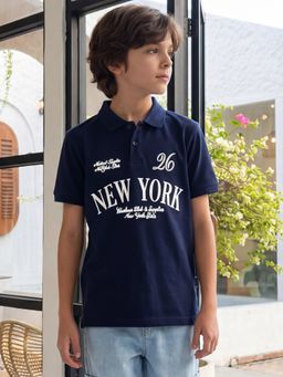 Lil Tomatoes - Boys Cotton Knit Half Sleeve Typography Navy Blue Polo T-Shirt