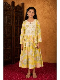 Aarika - Yellow Floral Print Sequin Thread Embroidery Dress