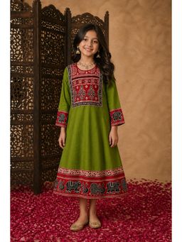 Aarika - Green Floral Print Mirror Work Dress