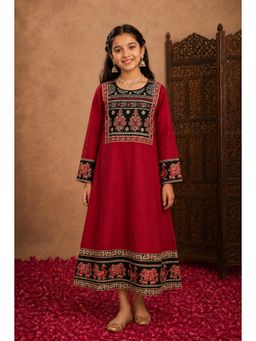 Aarika - Maroon Floral Print Mirror Work Dress