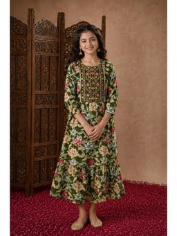 Aarika - Green Floral Print Sequinned Thread Embroidery Dress