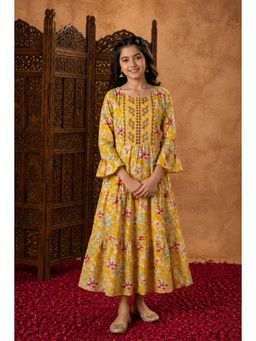 Aarika - Yellow Floral Print Sequinned Thread Embroidery Dress