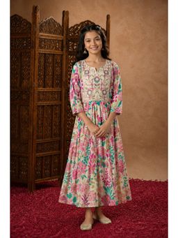 Aarika - Cream Floral Print Sequin Thread Embroidery Dress