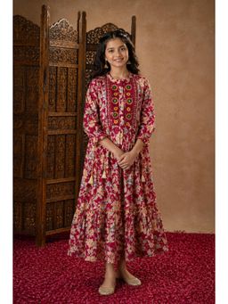 Aarika - Ethnic Wear Red Floral Print Sequinned Thread Embroidery Dress