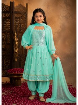 Aarika - Sea Green Sequence Embroidery Detachable Sleeve Kurta With Salwar & Dupatta
