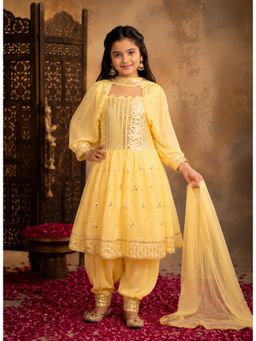 Aarika - Yellow Sequence Embroidery Detachable Sleeve Kurta With Salwar & Dupatta