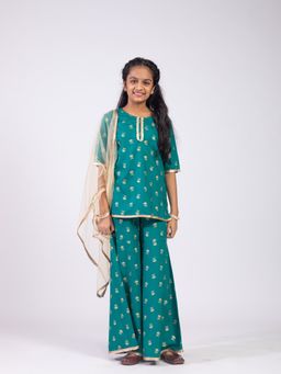 Kasya - Green Printed Top with Sharara and Dupatta (Set of 3)