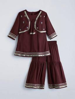 Hopscotch - Brown Lace Silk Kurta and Sharara